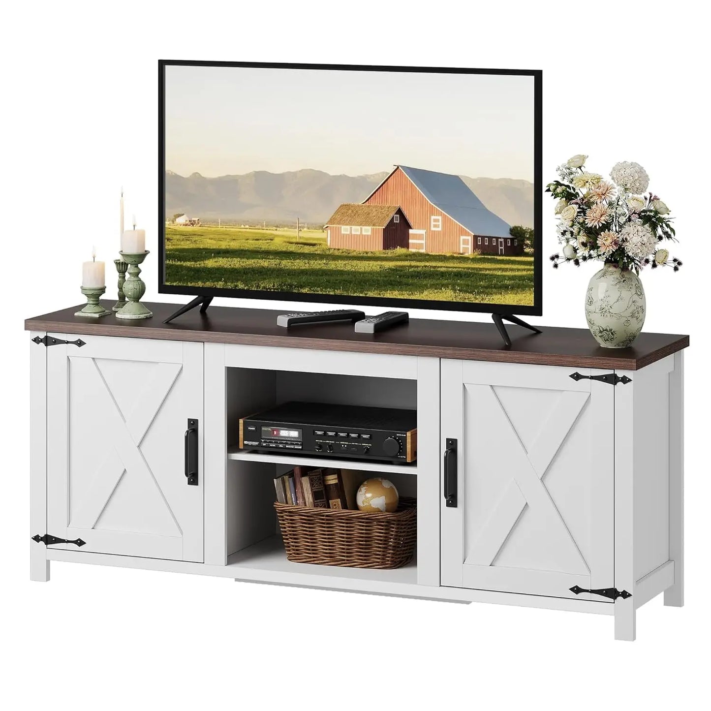 Modern Farmhouse TV Stand With X Shaped Barn Doors Storage