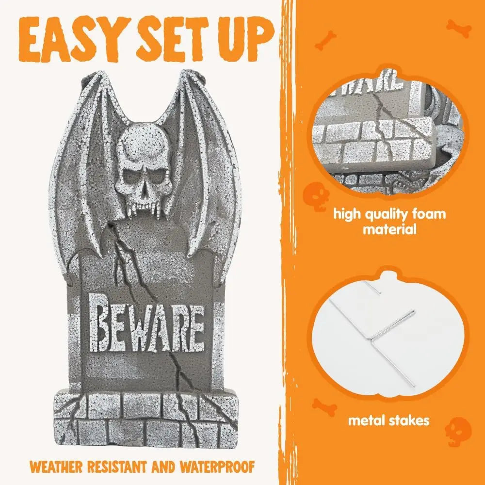 17-inch foam Halloween tombstone decorations, 5-pack with 12 metal stakes for outdoor yard cemetery props