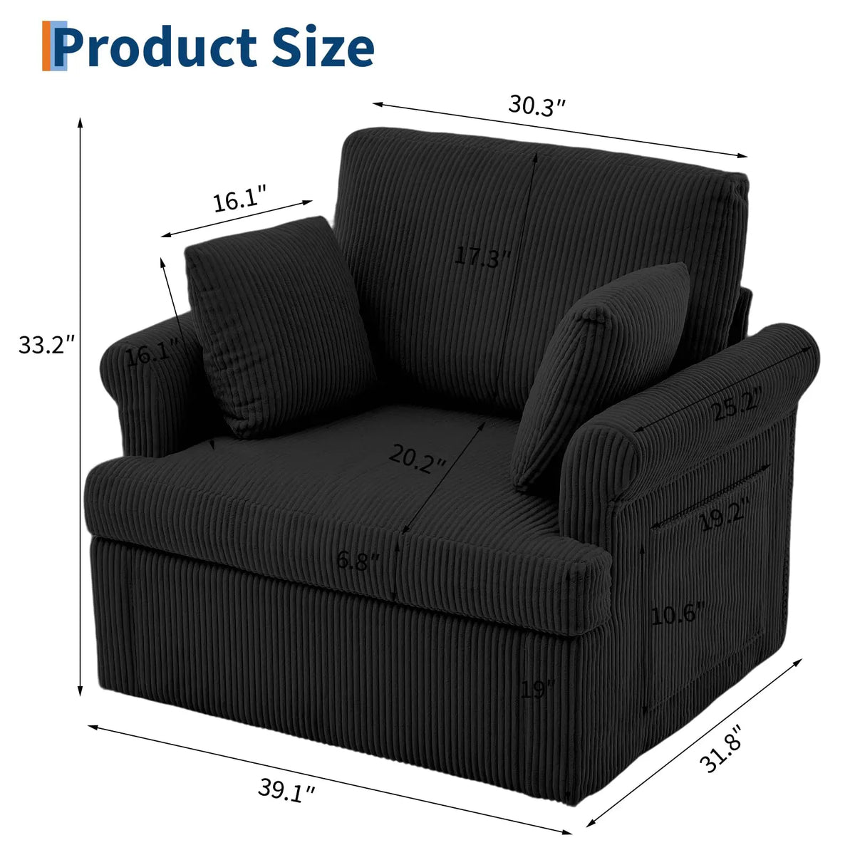 39-Inch black corduroy swivel accent chair with two cushions