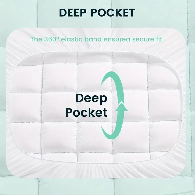 Deep-pocket mattress protector with quilted white cover and 360-degree elastic fit