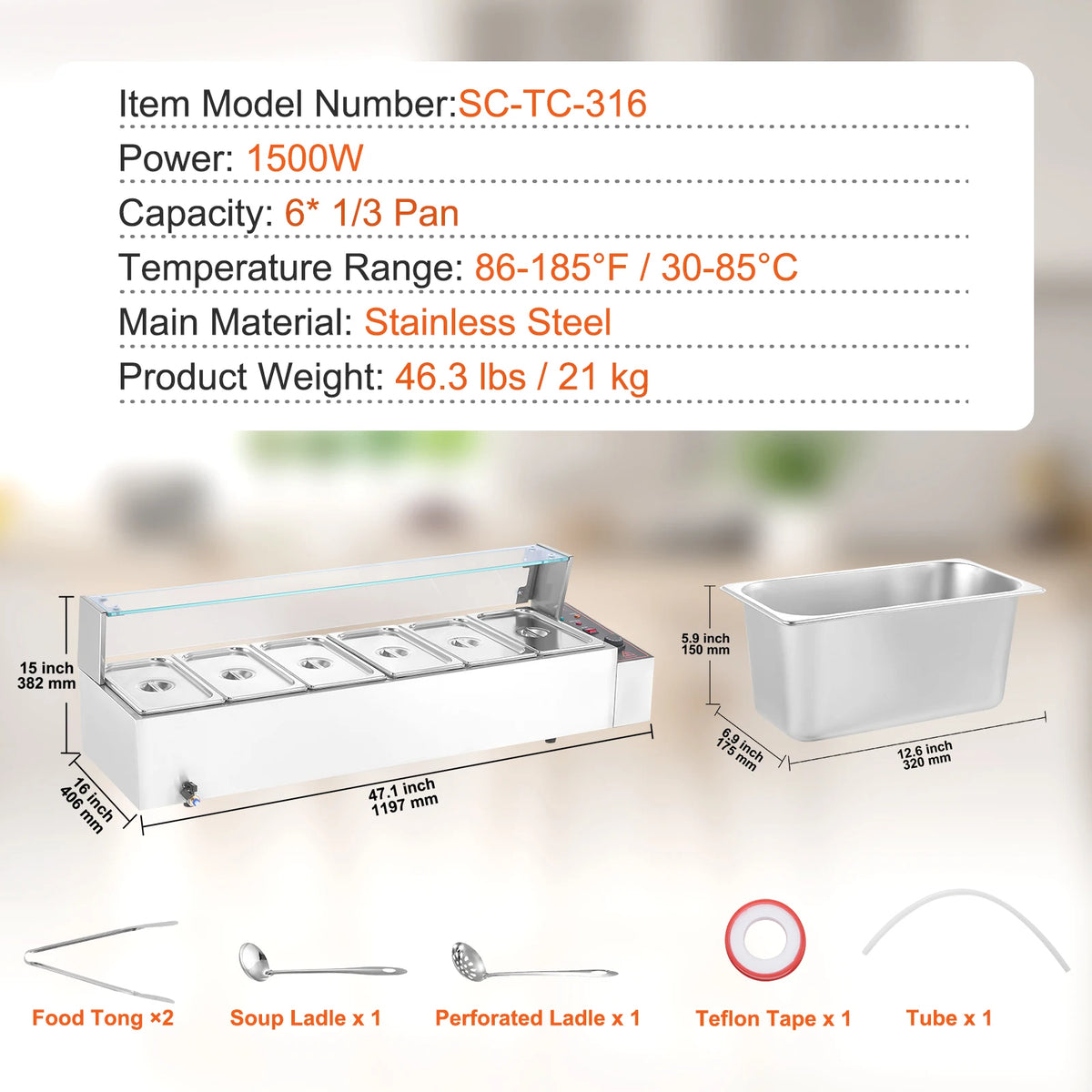 SucceBuy commercial food warmer in stainless steel with glass lid, 1500W, 6-pan capacity and temperature control