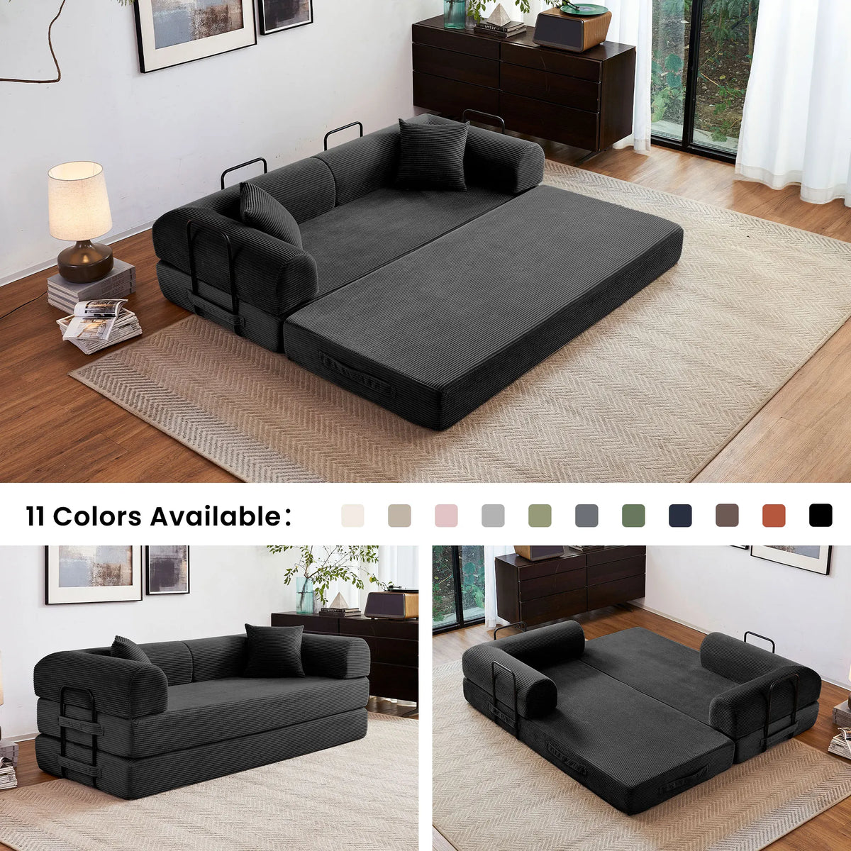79-inch boneless futon sofa bed with L-shaped arms in dark gray fabric by S And B Enterprise