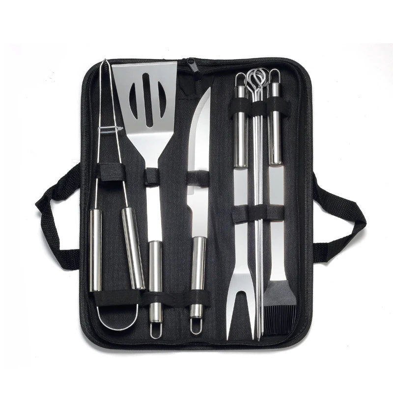 BBQ grill utensil set in a black case; stainless steel tools by S And B Enterprise