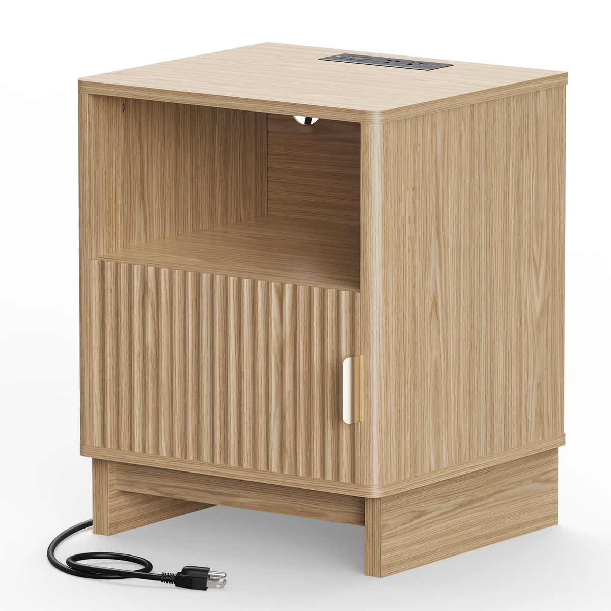 TinyNest nightstand with charging station in light oak, fluted wood panels, open shelf by S And B Enterprise