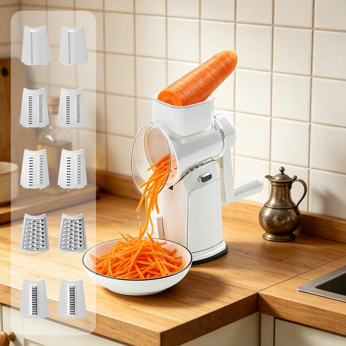 Cheese Grater with Rotary Hand Crank, Vegetable Chopper with Replaceable Stainless Blades, Strong Suction Base, Easy-Clean Multipurpose Kitchen Slicer