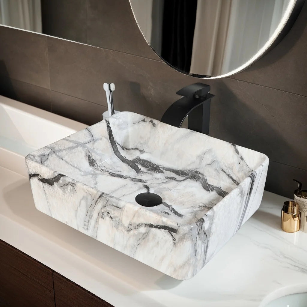Torayvino Marble Pattern Ceramic Vessel Sink Set Matte Faucet