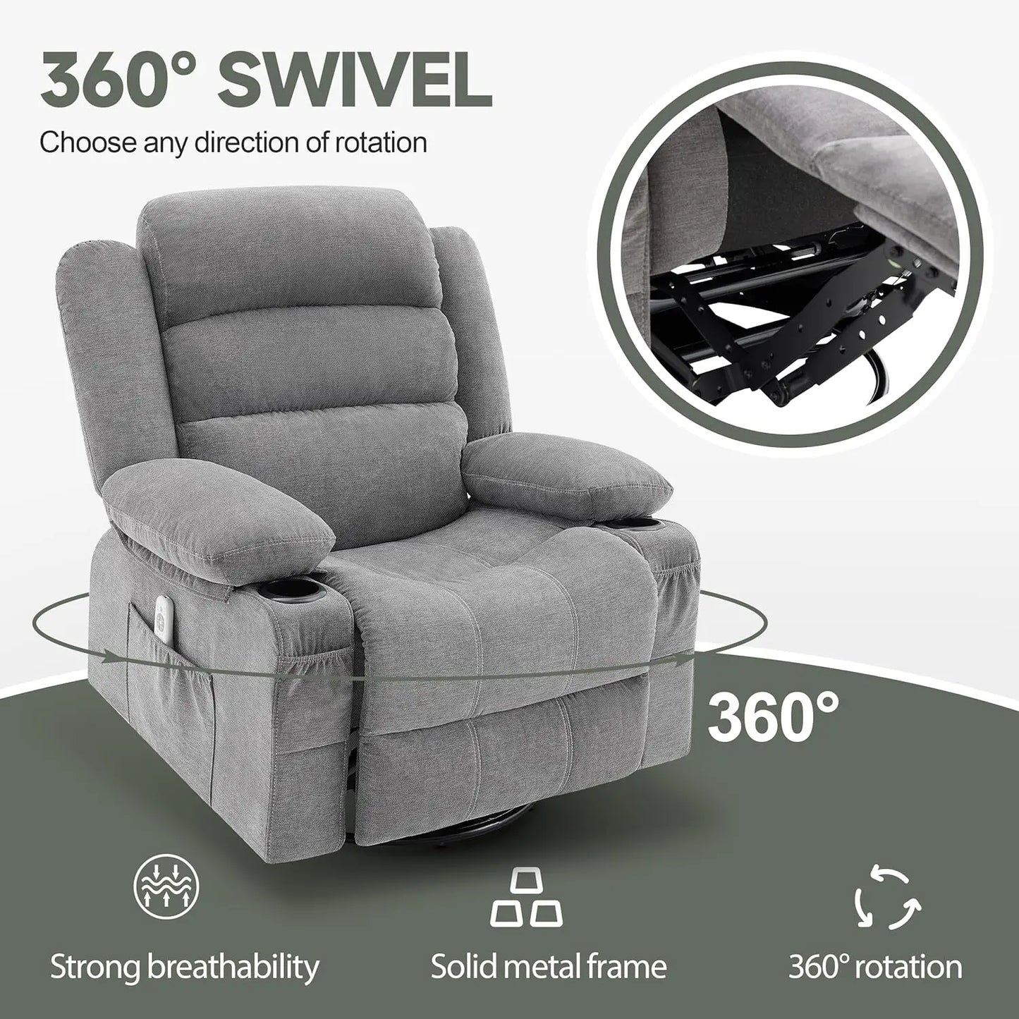 Rocker Recliner Chair With Heat And Massage 360 Swivel