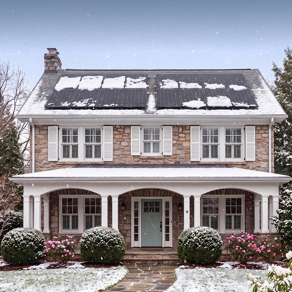 RVPOZWER rigid solar panels on a snow-dusted house rooftop, dark panels