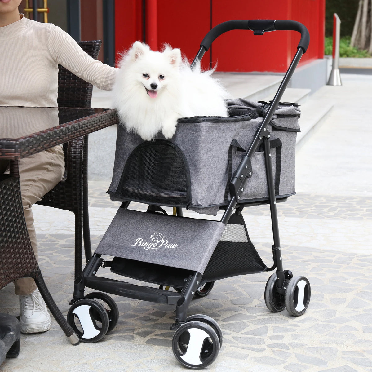Bingo Paw large 4-wheel dog carrier trailer pram in grey fabric with mesh windows