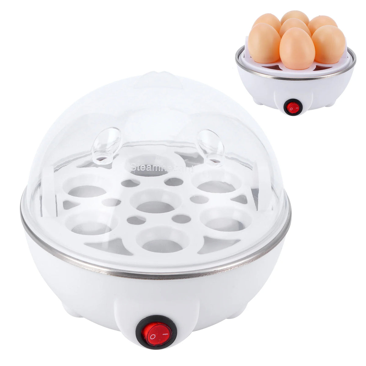 Egg boiler cooker by S And B Enterprise, white electric egg steamer with red on/off switch and six eggs.