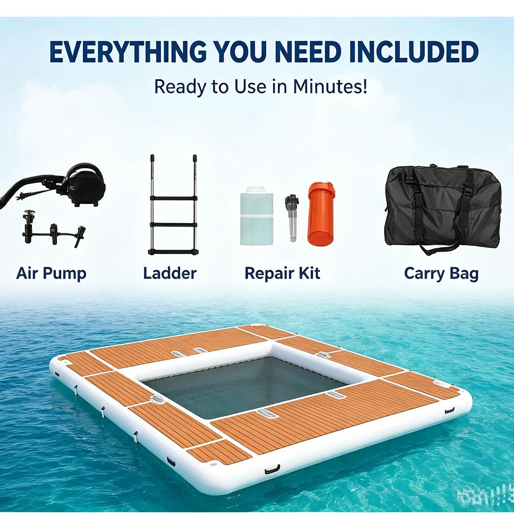 13ft x 10ft inflatable dock with wood-grain deck and white float; includes air pump, ladder, repair kit, carry bag.