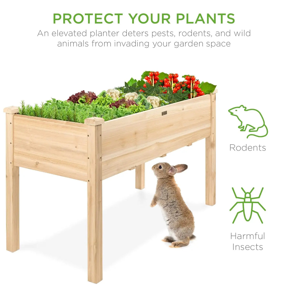 Elevated wooden planter box with bed liner, 48x24x30, 200lb capacity for backyard patio