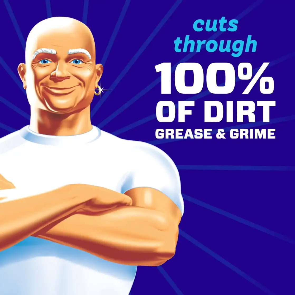 All Purpose Cleaner 2X Concentrated Unstopable Fresh Scent ad with muscular cartoon figure on blue background