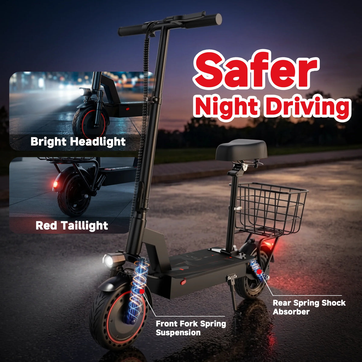 Electric folding bike with front suspension, rear spring absorber, basket, bright headlight and red taillight