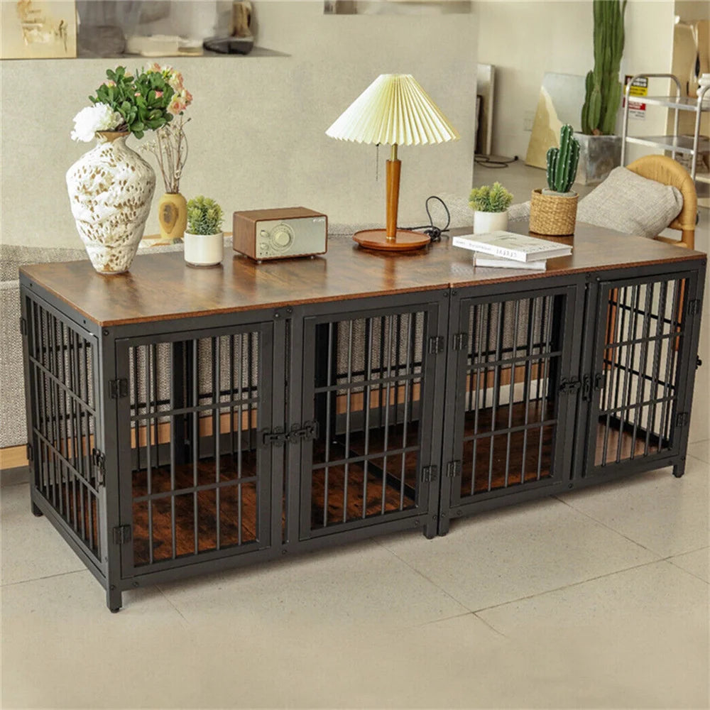 Dog crate cage console by S And B Enterprise with four doors and removable divider, black metal.