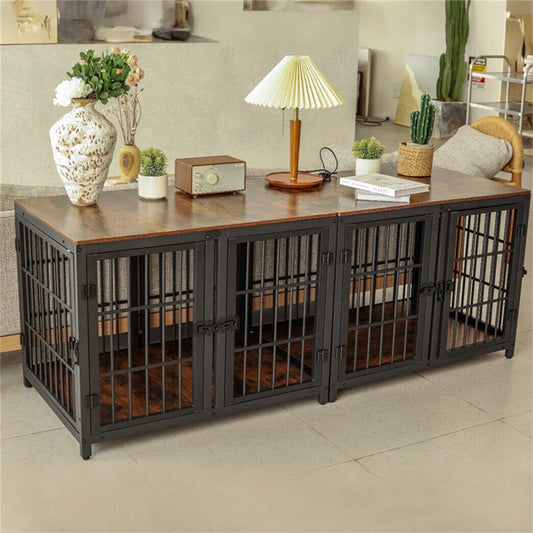 Dog crate cage console by S And B Enterprise with four doors and removable divider, black metal.