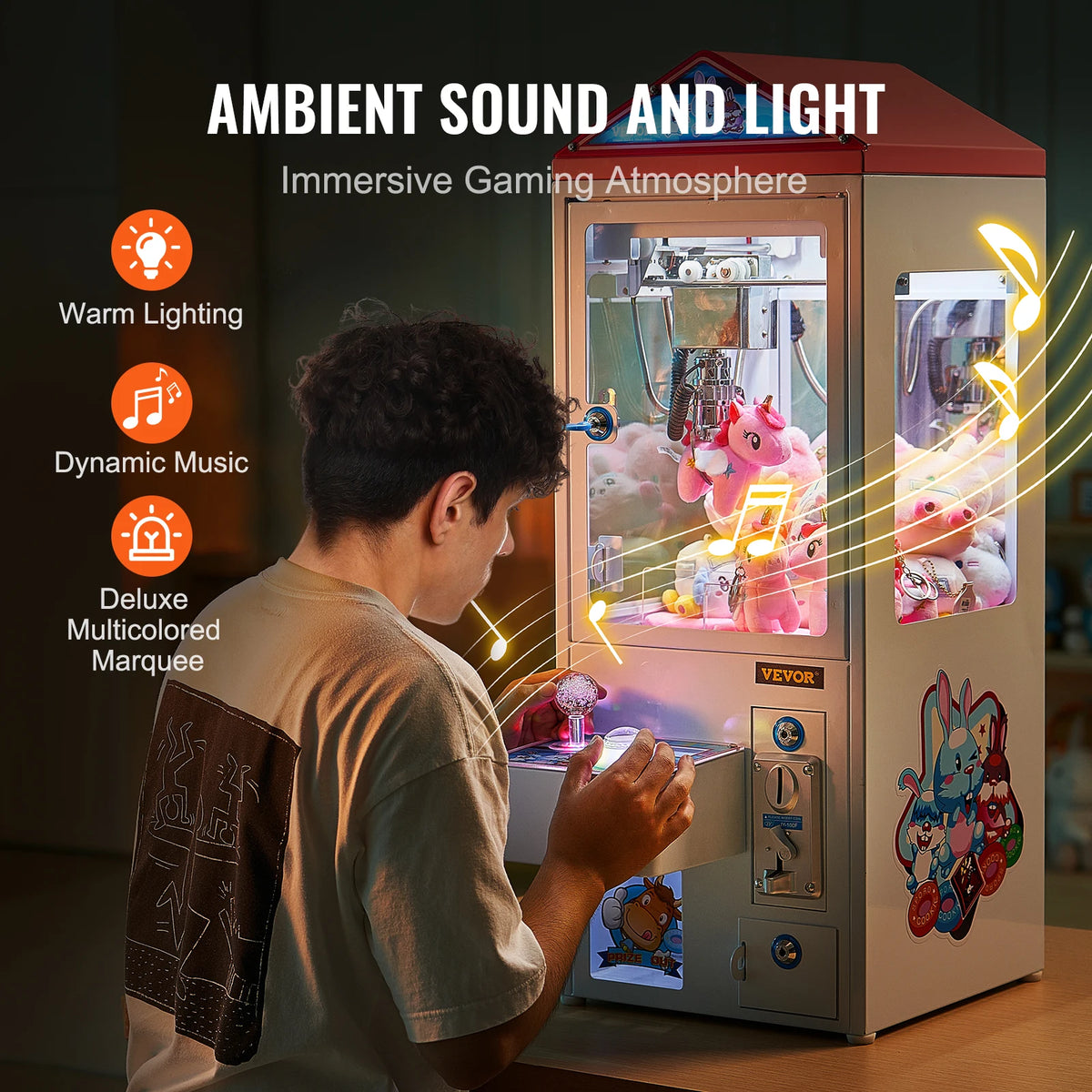 Claw machine arcade game by VEVOR with plush toys inside, gray cabinet under warm lighting.