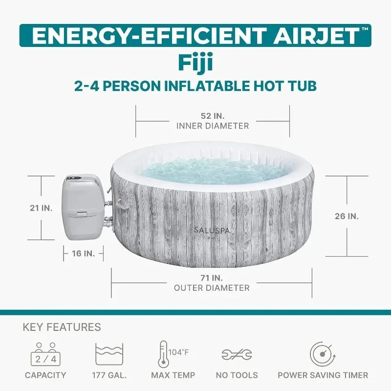 SaluSpa Fiji 2-4 Person Inflatable Hot Tub, round with wood-grain exterior, 71x26 in, 120 airjets, energy-efficient