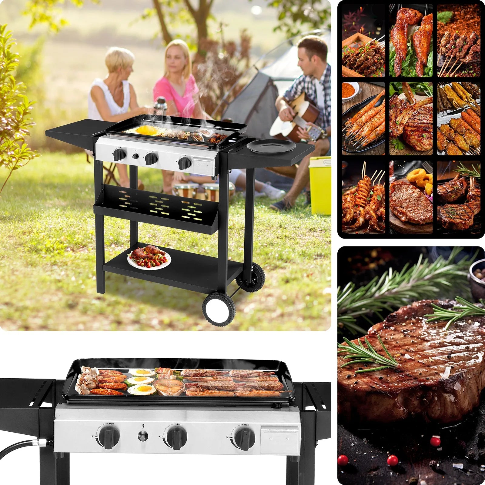 34" Outdoor Griddle Station with Side Shelf, 3 Burner Flat Top Gas Grill Propane by S And B Enterprise