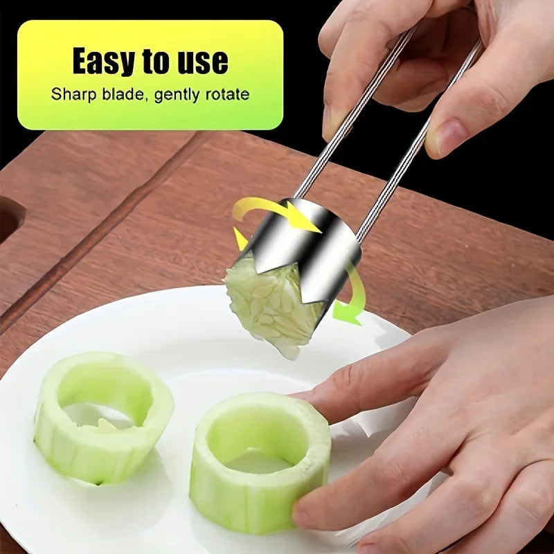 Stainless steel dual-handle corer removing fruit cores; pale green cylindrical cores on plate.