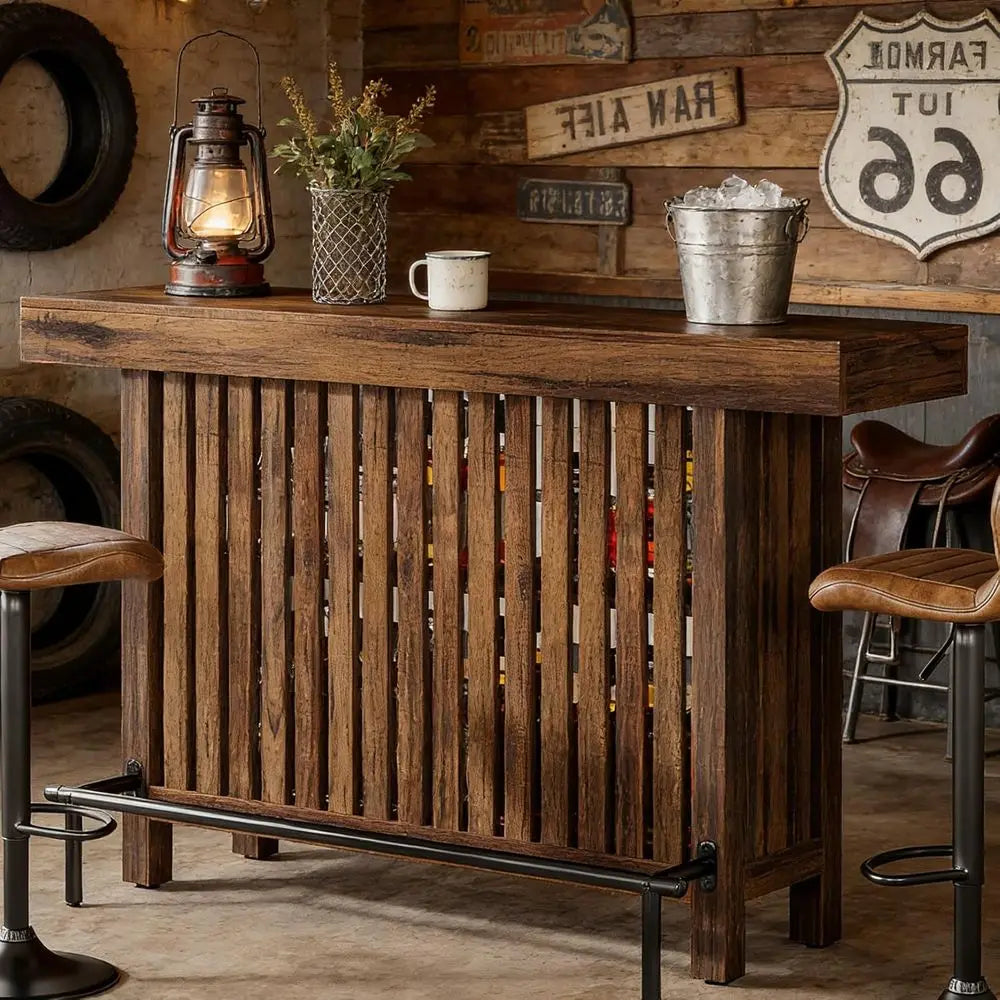 Rustic Home Bar Table With 2-Tier Storage