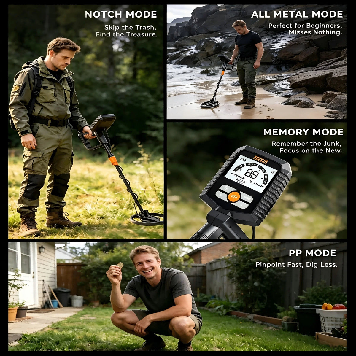 SUNPOW Metal Detector Kit with Pinpointer by S And B Enterprise; 8-inch IP68 waterproof coil, lightweight LCD display.
