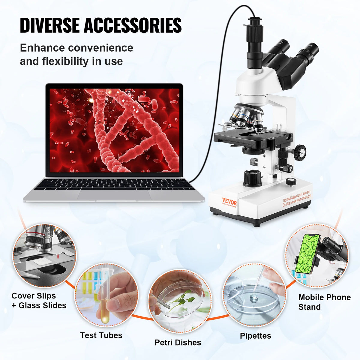 SucceBuy compound trinocular microscope with LED illumination, connected to a laptop displaying a DNA image (VEVOR base)