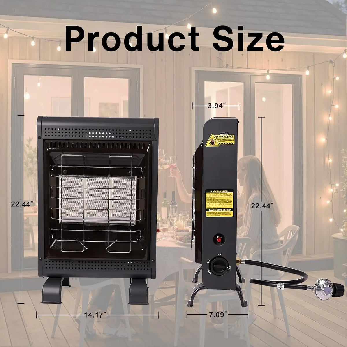 Two black propane heaters by S And B Enterprise, indoor/outdoor patio models.