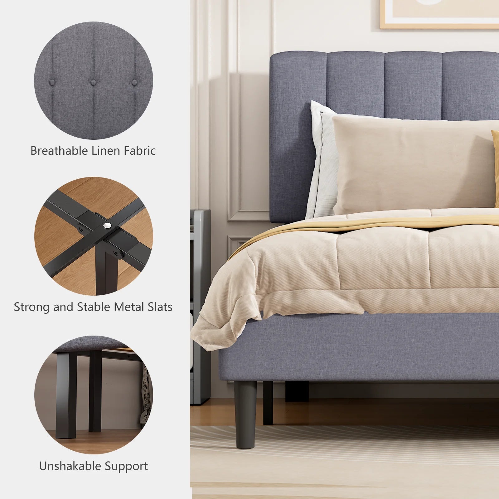 JHK Wooden Upholstered Platform Bed With Adjustable Headboard by S And B Enterprise