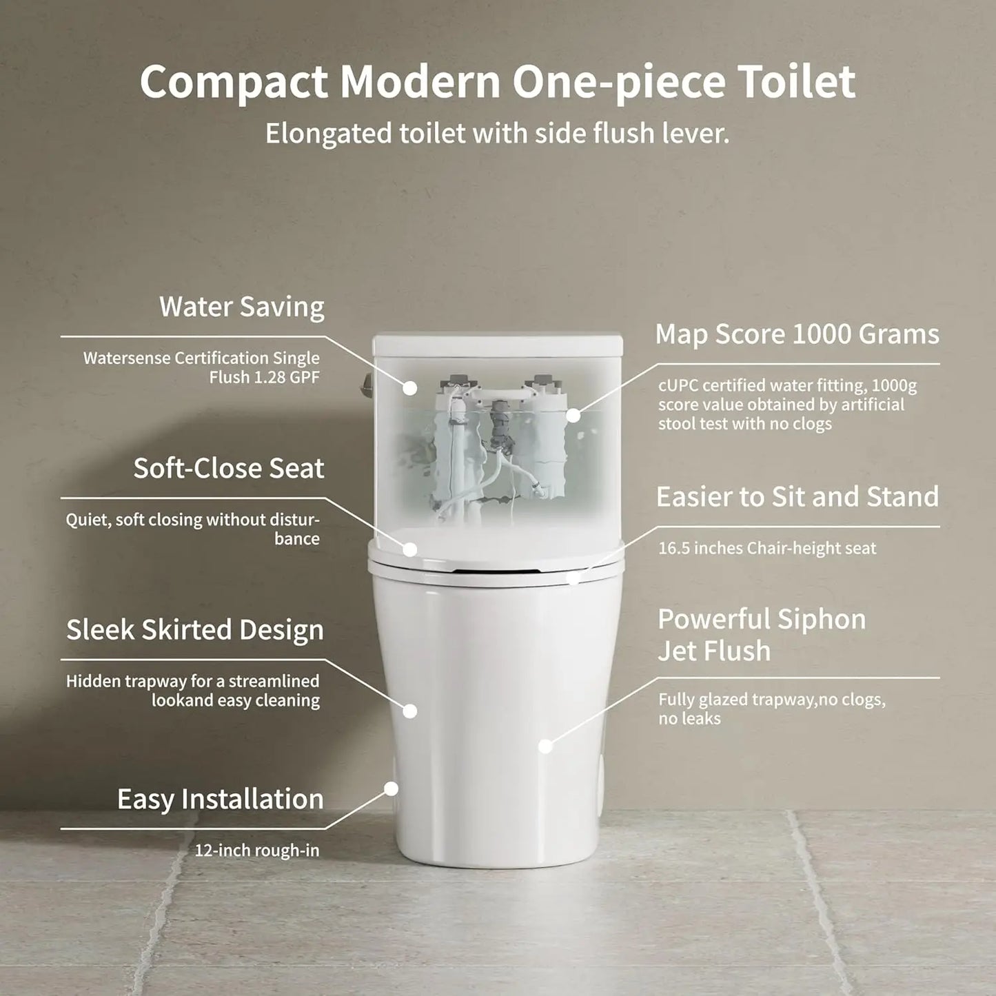 KE KING One Piece Toilet With Powerful Flush 1.28 GPF