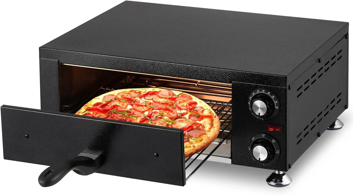 1100W electric countertop pizza oven, 12-inch black finish with dual heating tubes, S And B Enterprise.