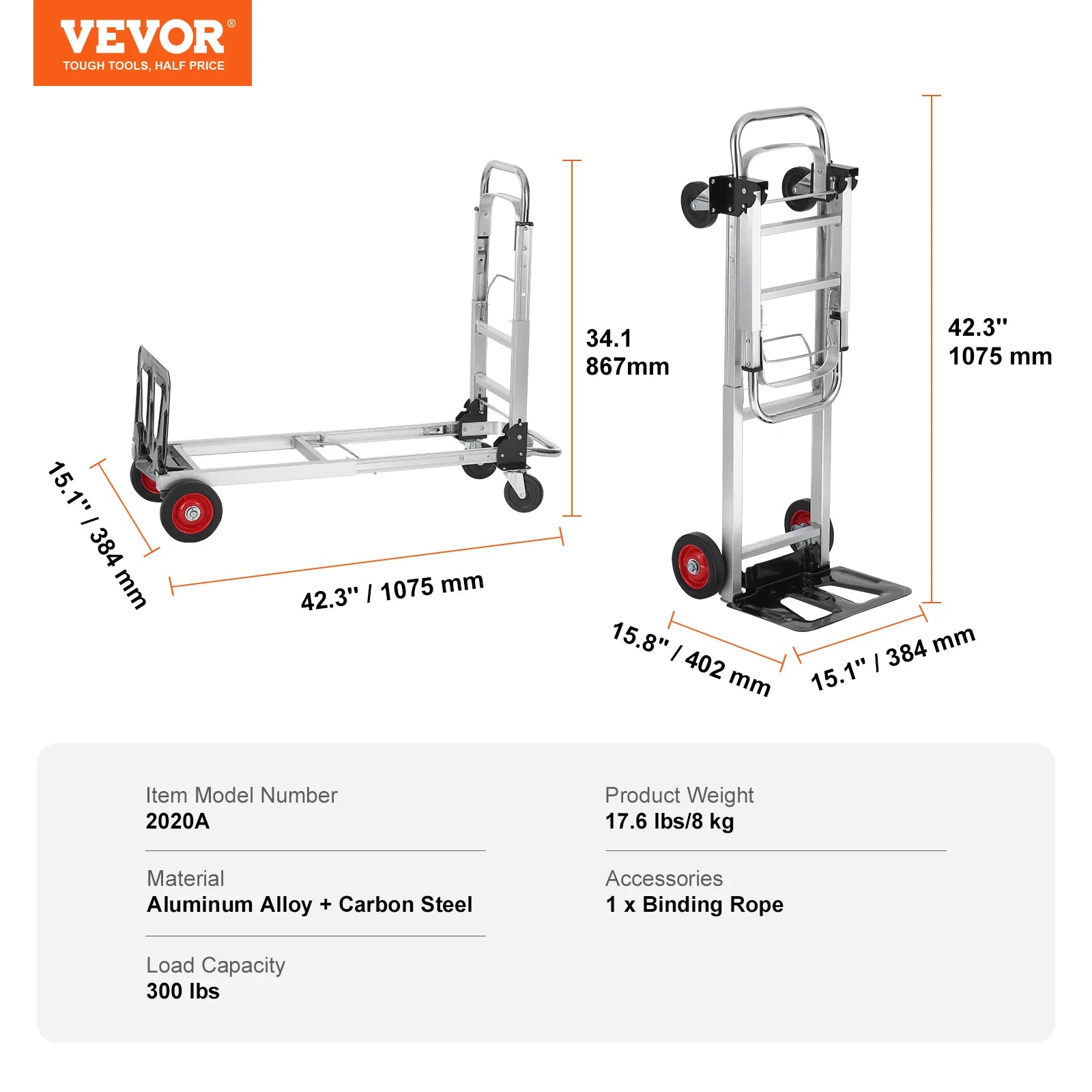 Folding aluminum hand truck dolly with wheels; compact design, red wheels, VEVOR logo