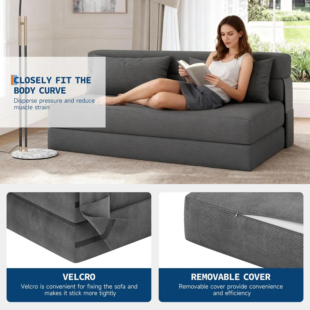 4-in-1 folding sofa bed in dark gray corduroy with pillows for space-saving seating