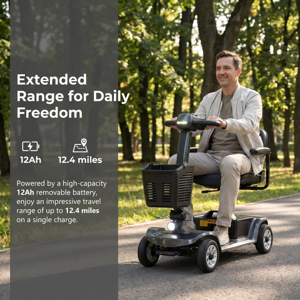 Unificare 250W electric mobility scooter, four-wheel foldable travel scooter with front basket