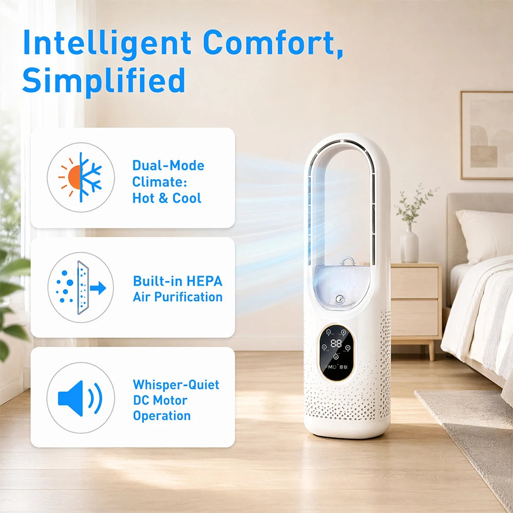 S And B Enterprise bladeless desk fan and air cooler, white with built-in HEPA purification, 6 speeds.