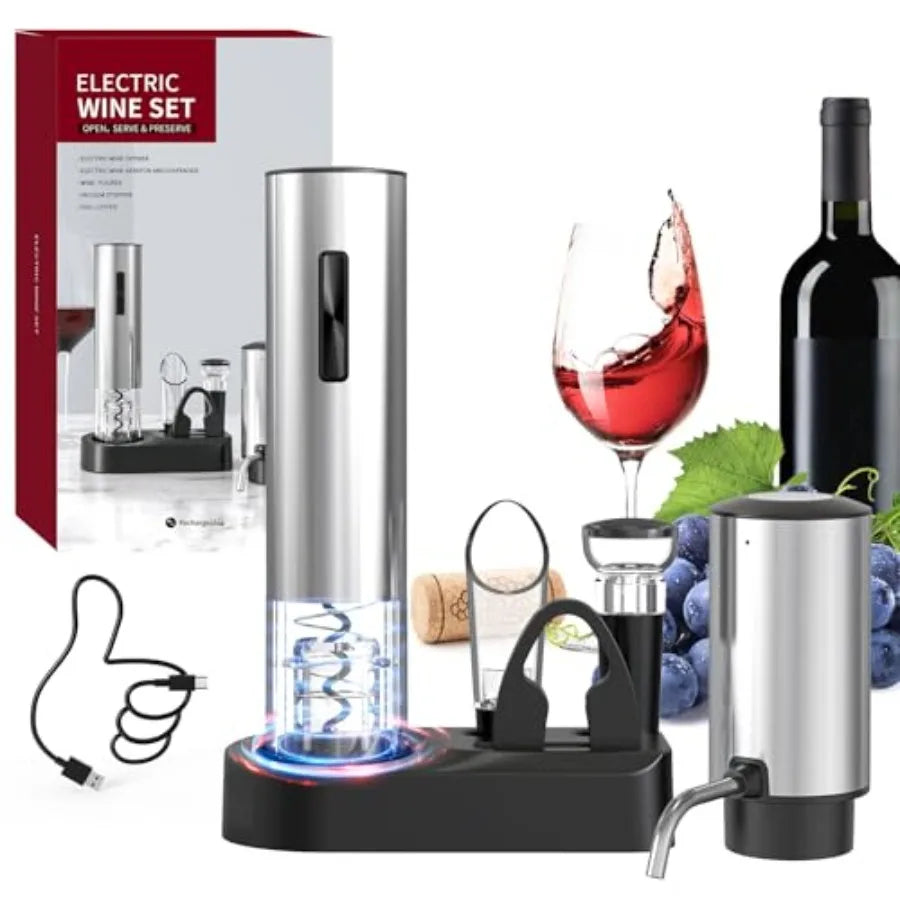S And B Enterprise 6-in-1 electric stainless steel wine opener set with rechargeable base and foil cutter