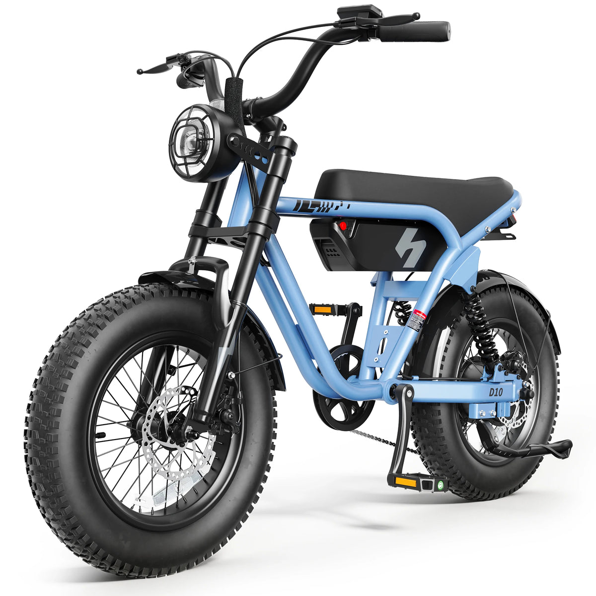 Hopepeak D10 electric bike with blue frame, 16-inch fat tires, and front–rear suspension with headlight