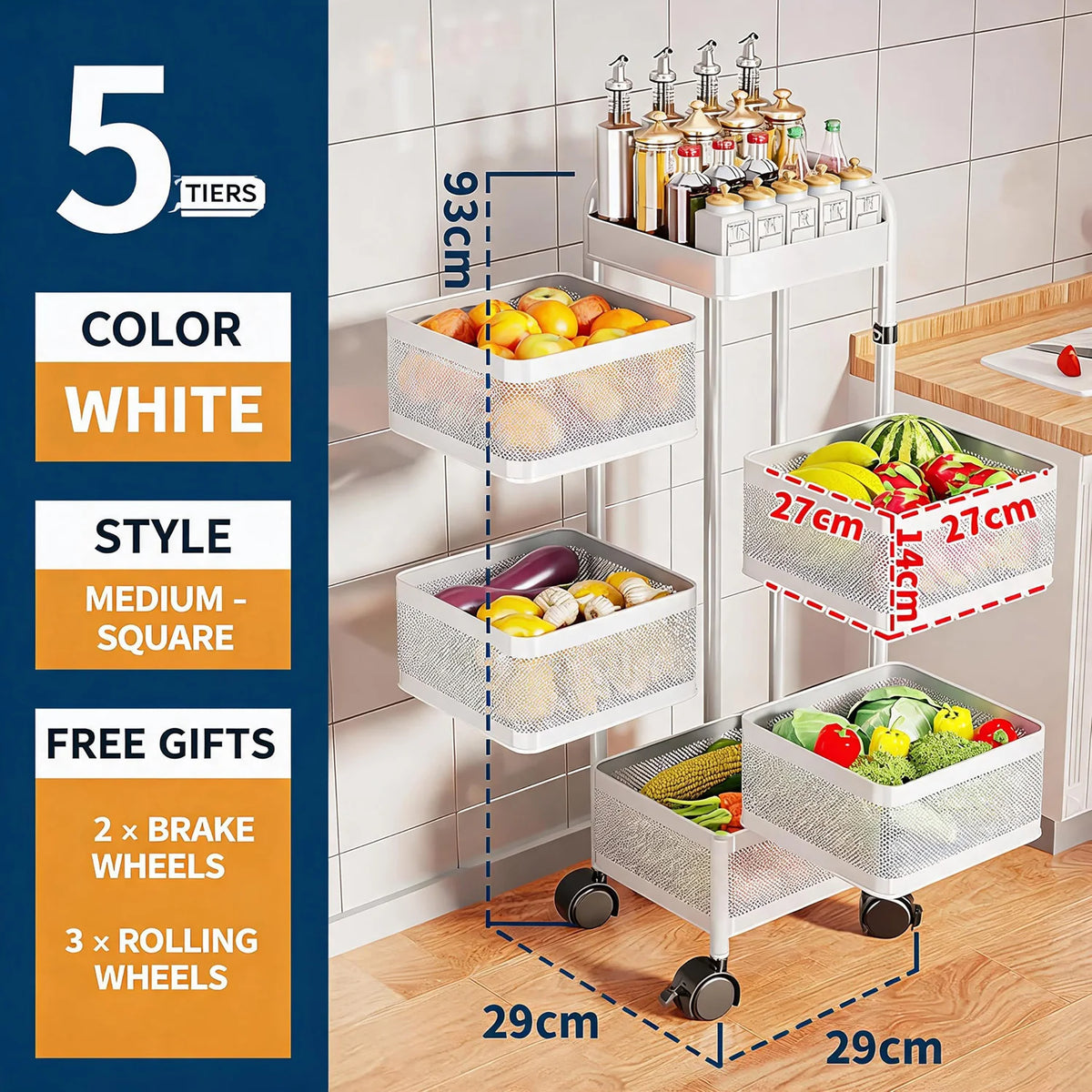 Rotating storage cart on wheels, white carbon-steel by S And B Enterprise with 4/5 tiers and mesh baskets