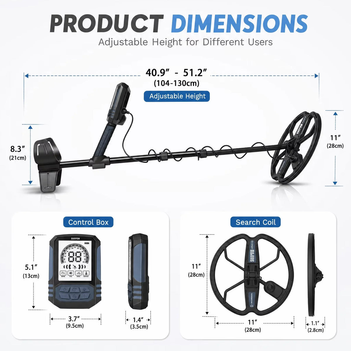 SUNPOW rechargeable metal detector kit for adults with 10-inch search coil, IP68 waterproof, USB-C charging