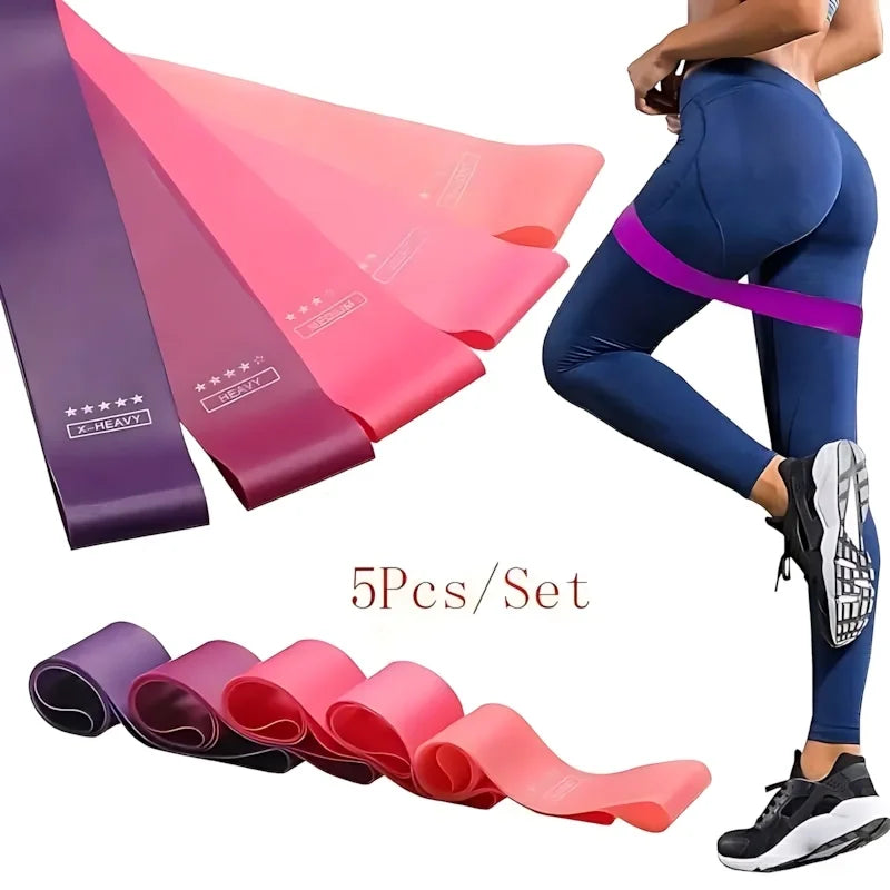 5-piece resistance bands set by S And B Enterprise; pink/purple elastic loops for leg and butt workouts
