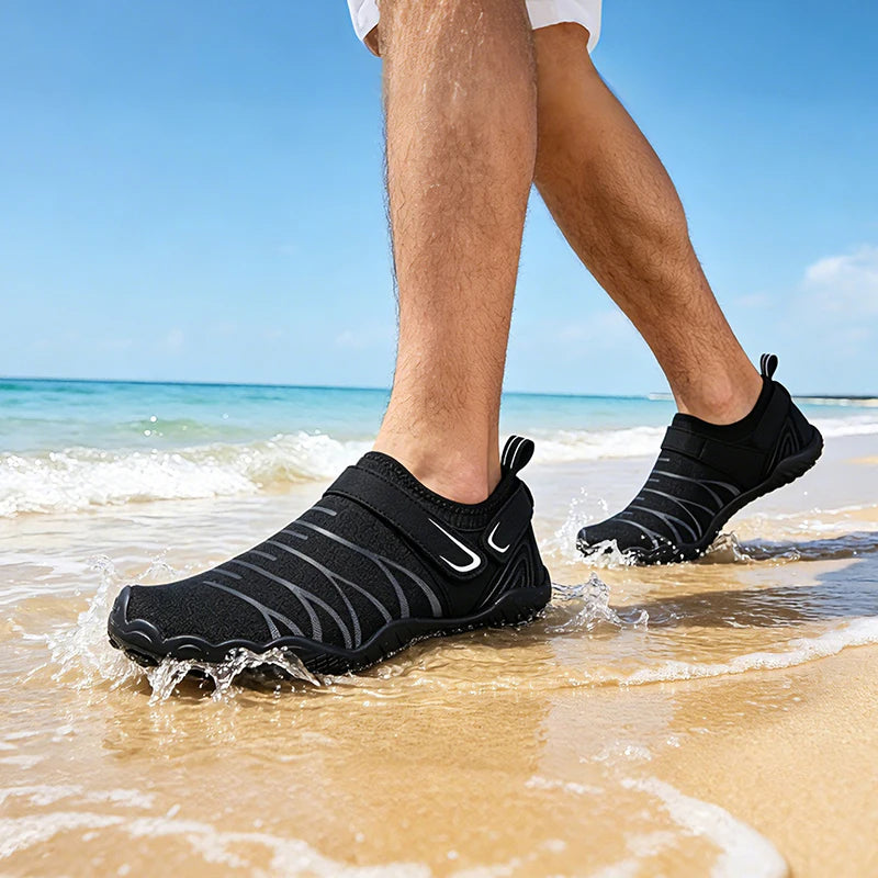 Men's water shoes in black, quick-dry and lightweight aqua sneakers for beach walking.