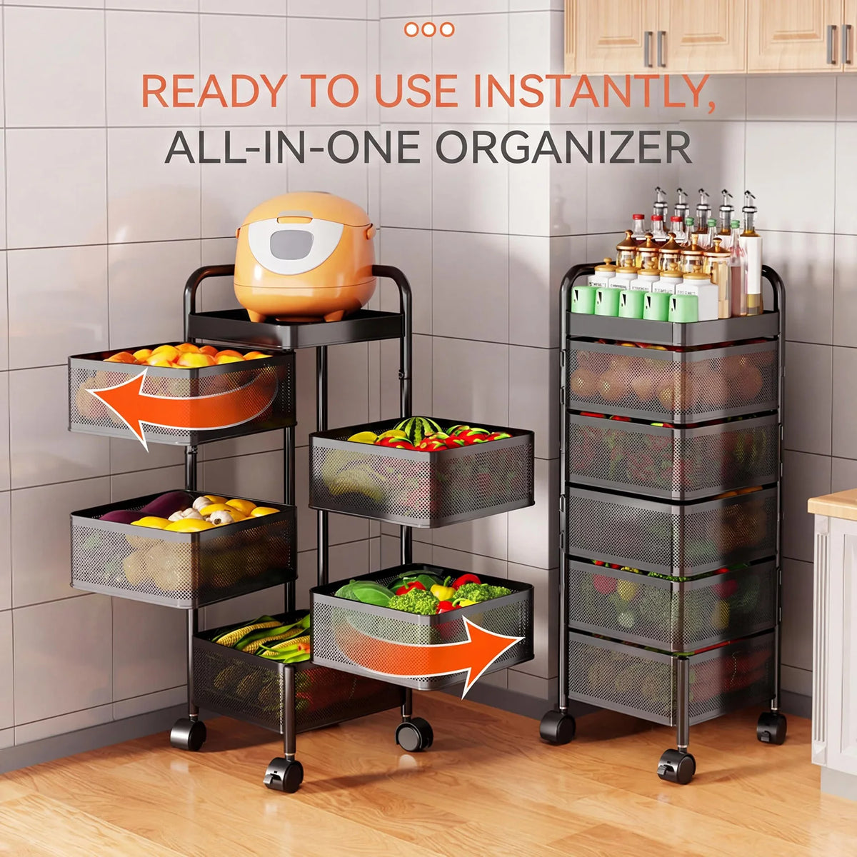 Two 4/5-Tier thickened carbon steel rotating storage carts with wheels and mesh baskets, by S And B Enterprise