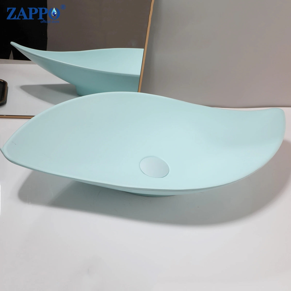 ZAPPO bathroom vessel sink with drain; light blue stone-resin above-counter oval washbasin