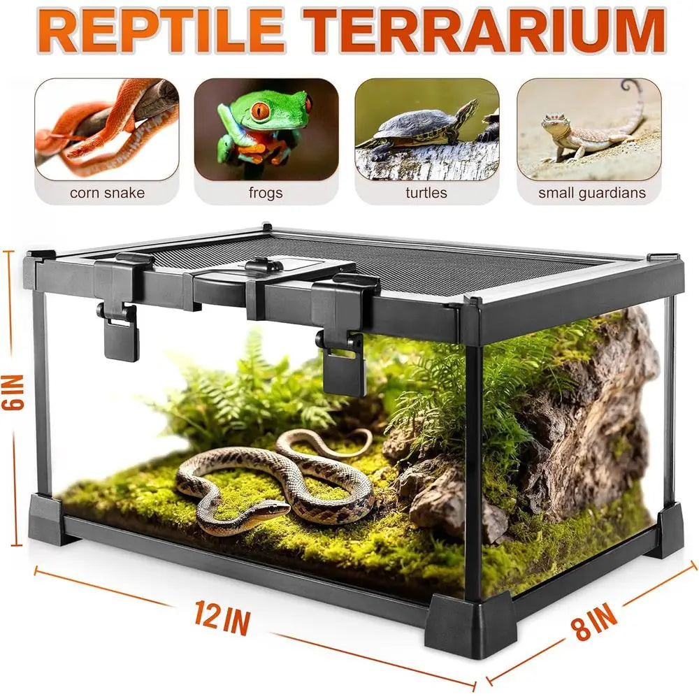 Reptile Glass Terrarium Full View Tank With Feeding Slot Stackable