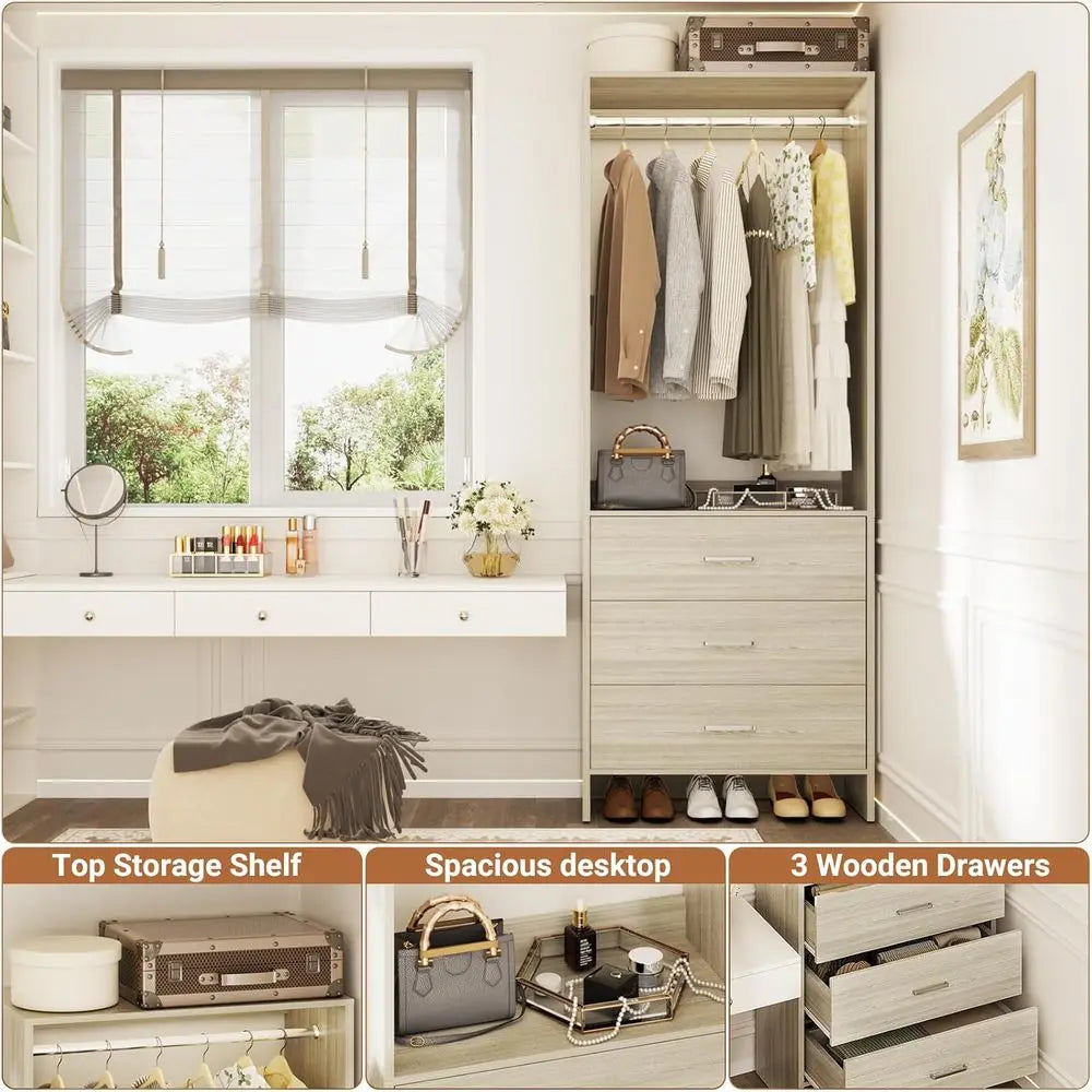 Wood Closet Organizer System With 3 Drawers And Hanging Rods