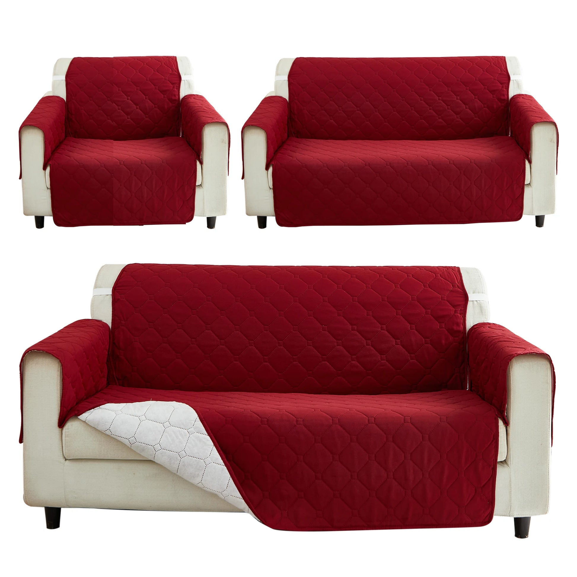 XM-Luvetoria integrated sofa cover by S And B Enterprise, red quilted slipcover for 1/2/3 seaters on beige furniture