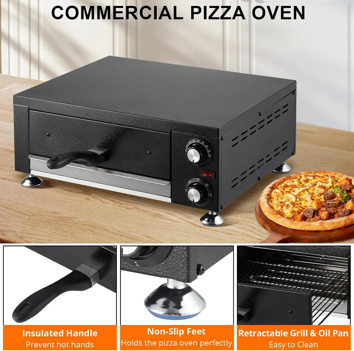 S And B Enterprise 1100W black countertop pizza oven, 12-inch capacity with dual heating tubes.