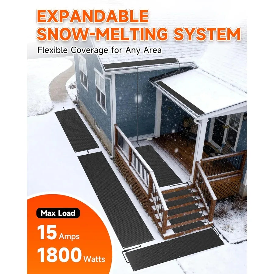 Heated snow-melting mats for stairs and outdoor walkways; set of black graphene 2.0 expandable mats.