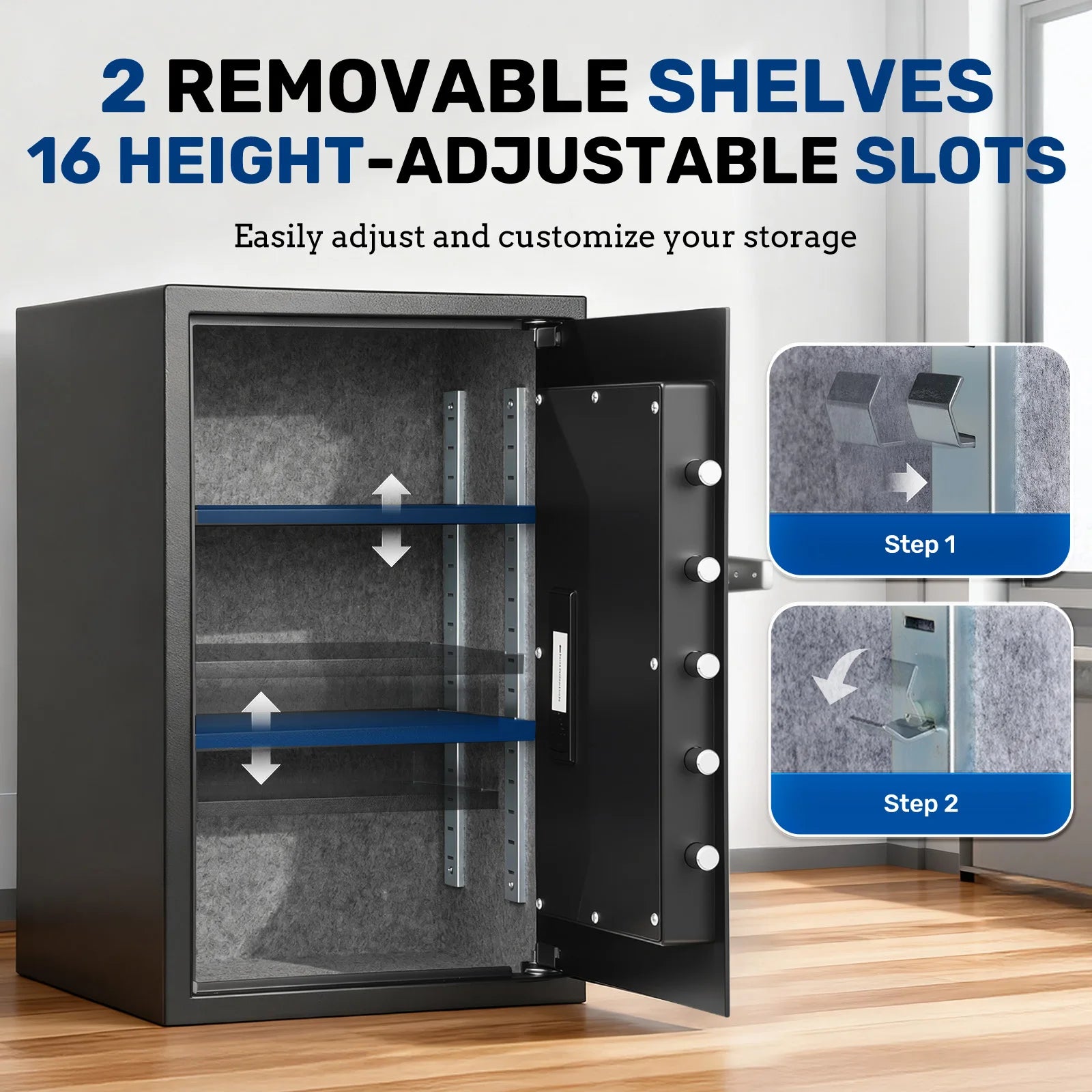 BlackSmith large home safe by S And B Enterprise with LCD display and 2 removable blue shelves