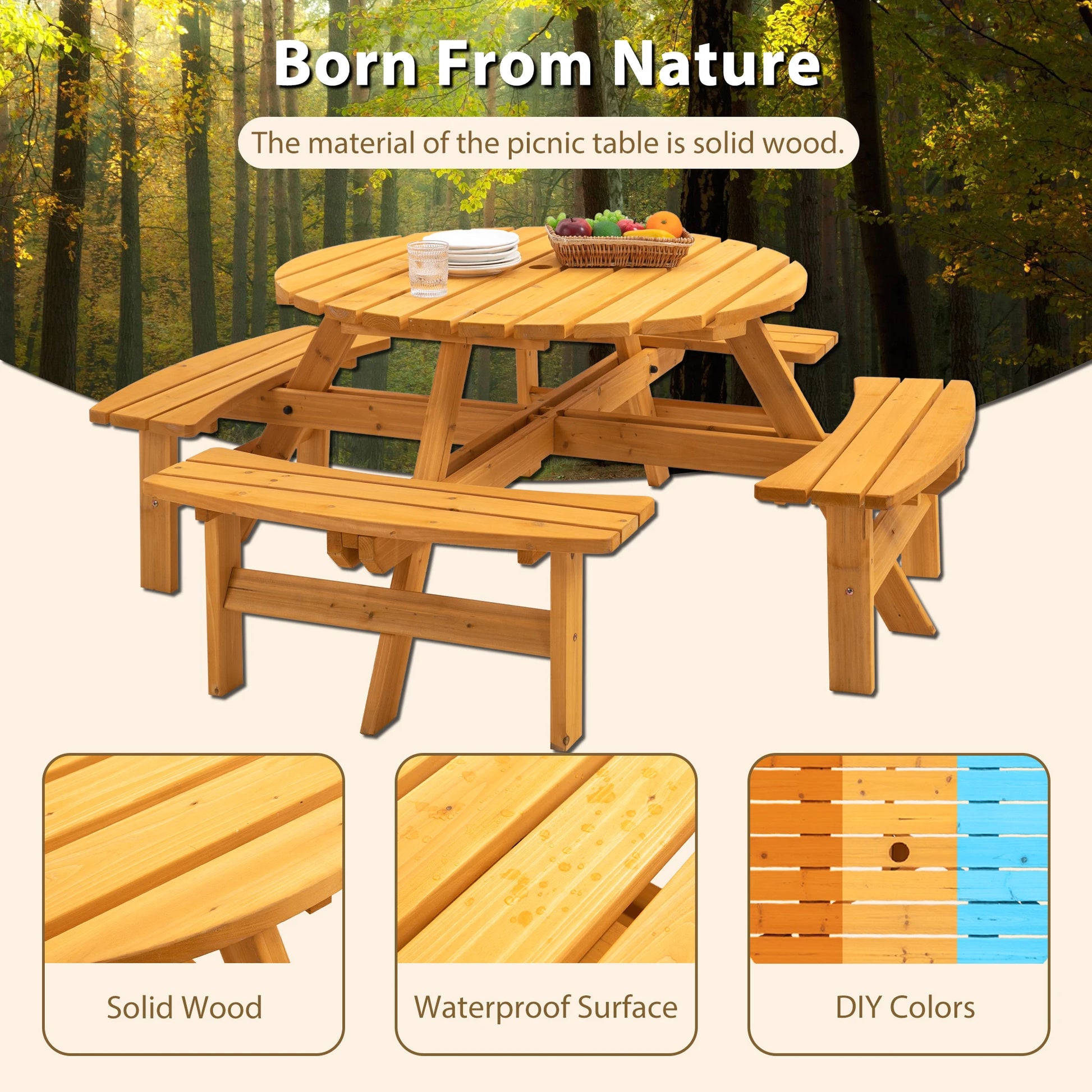 Solid Wood Round Outdoor Picnic Table Set with 4 Benches, Weather Resistant Patio Dining Furniture with Umbrella Hole for Garden Backyard Lawn BBQ Party by S And B Enterprise